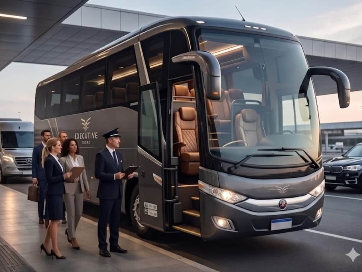 Ônibus executivo recebendo grupo corporativo com motorista em terminal